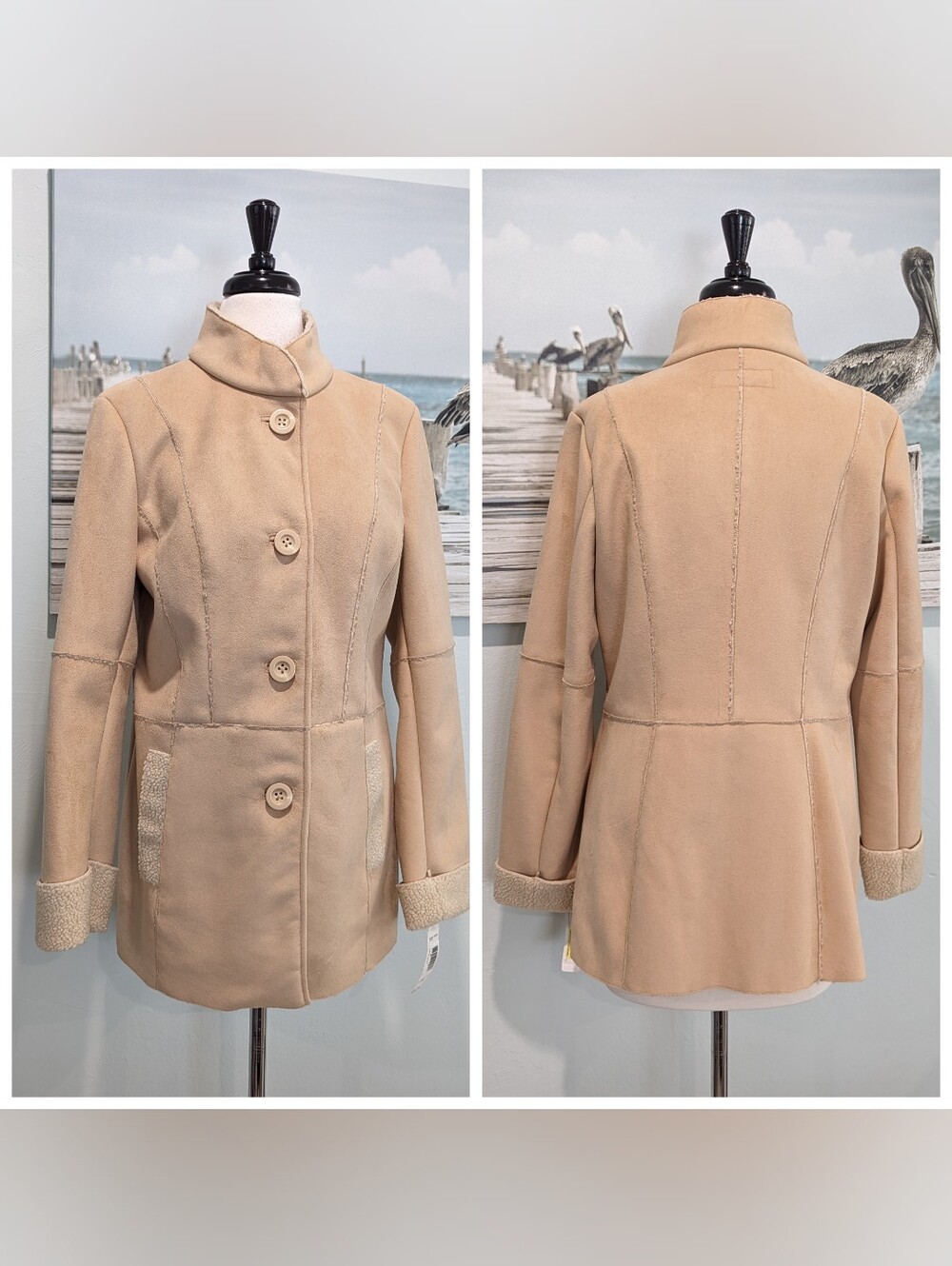 Women's Beige Faux-Shearling Button Front Coat